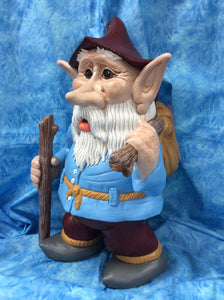 Woodland Hiker Man Gnome with Walking Stick & Knapsack