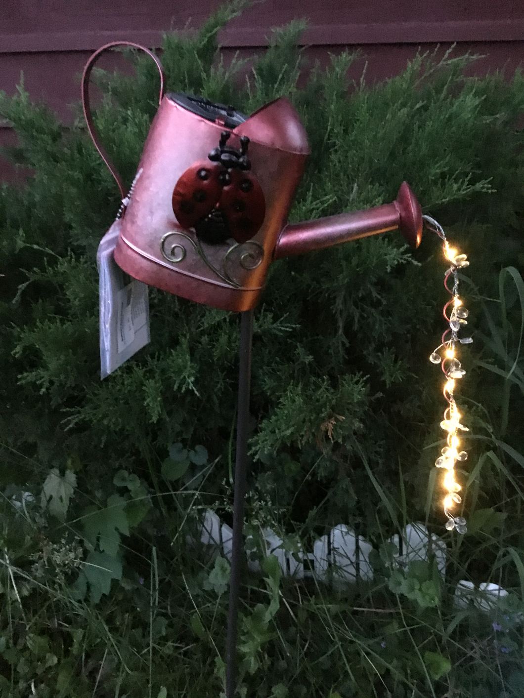 Solar Garden Art Red Watering Can with Ladybug